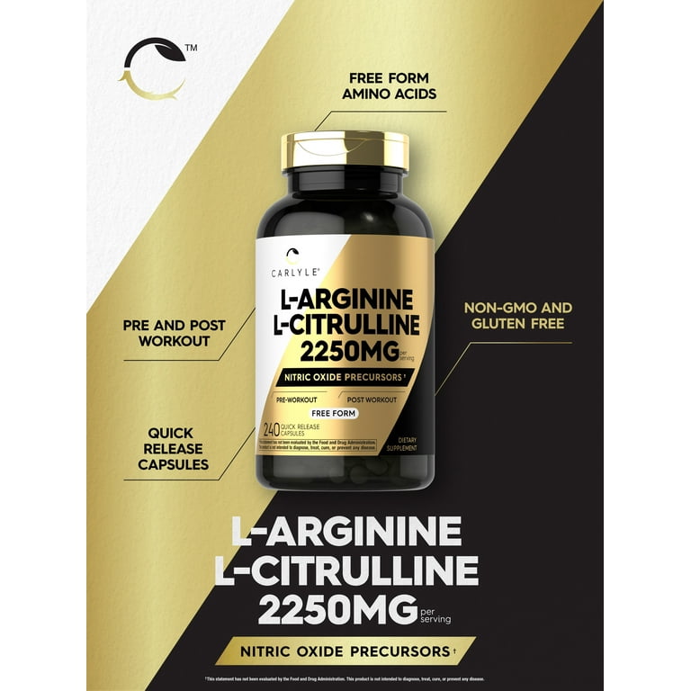 l citrulline vs l arginine vs l carnitine L-Arginine L-Citrulline Complex | 2250mg | 240 Capsules | Nitric Oxide  Precursors | Free Form | Non-GMO & Gluten Free | by Carlyle