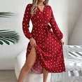 thumbnail image 5 of HAPIMO Women's Long Sleeve Pleated Spring Tea Length A Line Dress Fashion Workout Holiday Polka Dot Graphic Elegant Casual Ruffle V Neck Fall Dress Red S, 5 of 6