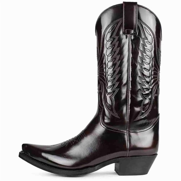 Men's Classic Western Cowboy Boots, Embroidered Pointed Toe Mid-Calf Boots, Riding Boots with Slip-Resistant Sole Black/Burgundy