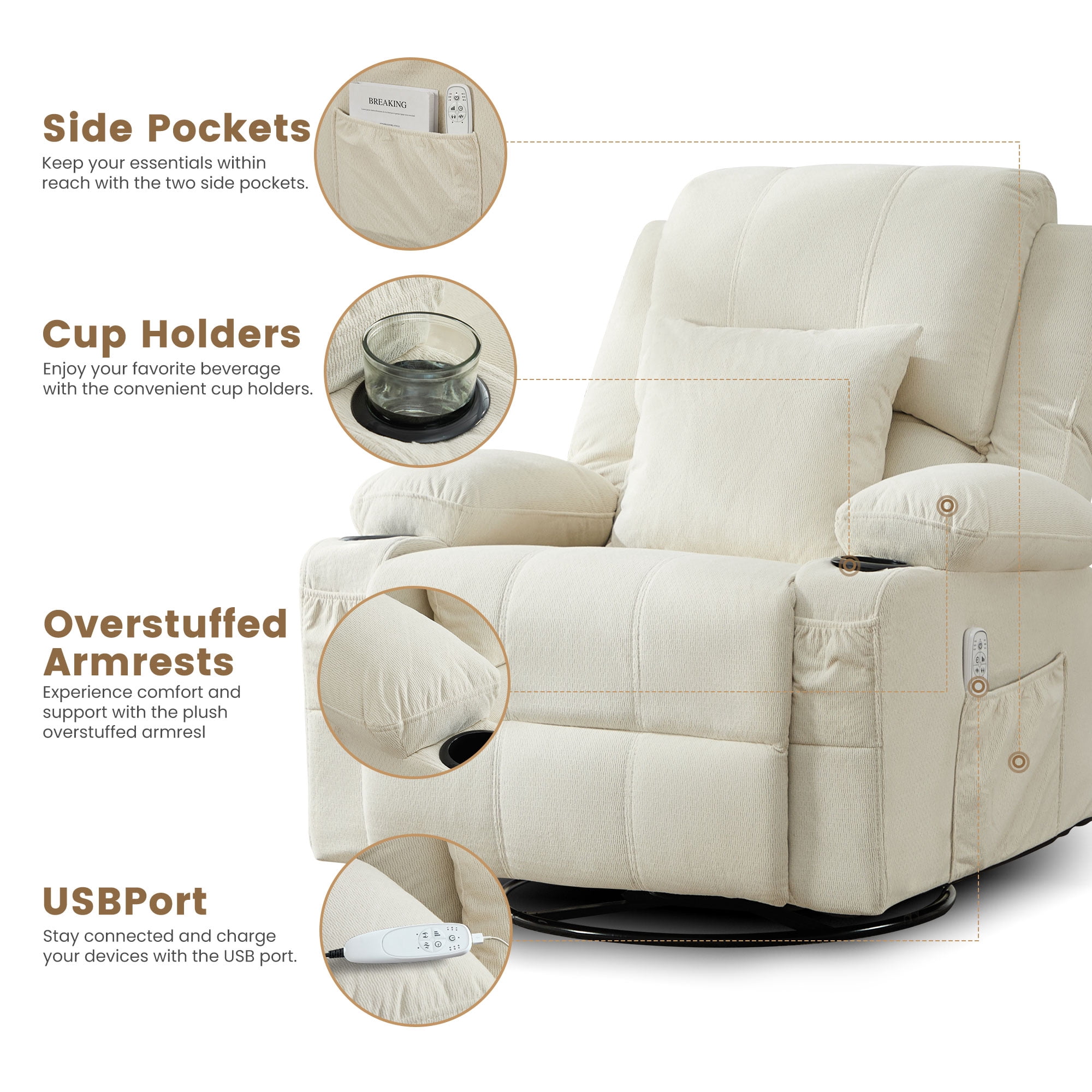 JONPONY Kneading Massage Rocker Recliner Chair with 4-Point 3D Kneading Massage and Heat Ergonomic Lounge Chair for Living Room with Rocking Function and 2 Cup Holders, USB Charge Port,Beige