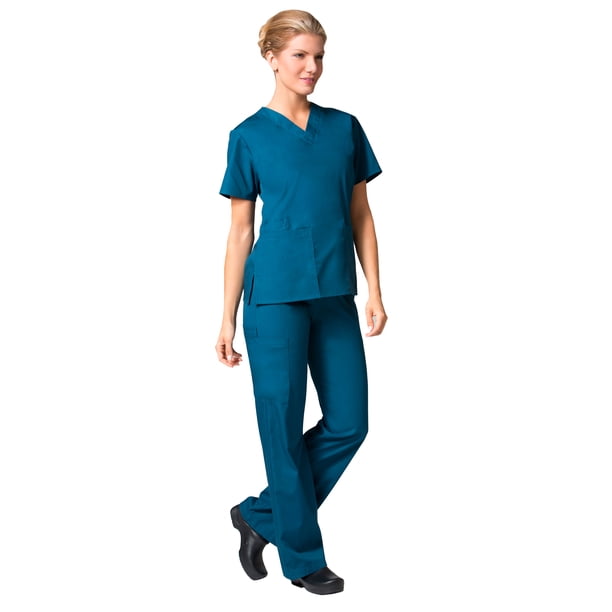 Maevn Maevn CORE Women's Classic VNeck Solid Scrub Top & Full Elastic Band Cargo Scrub Pant