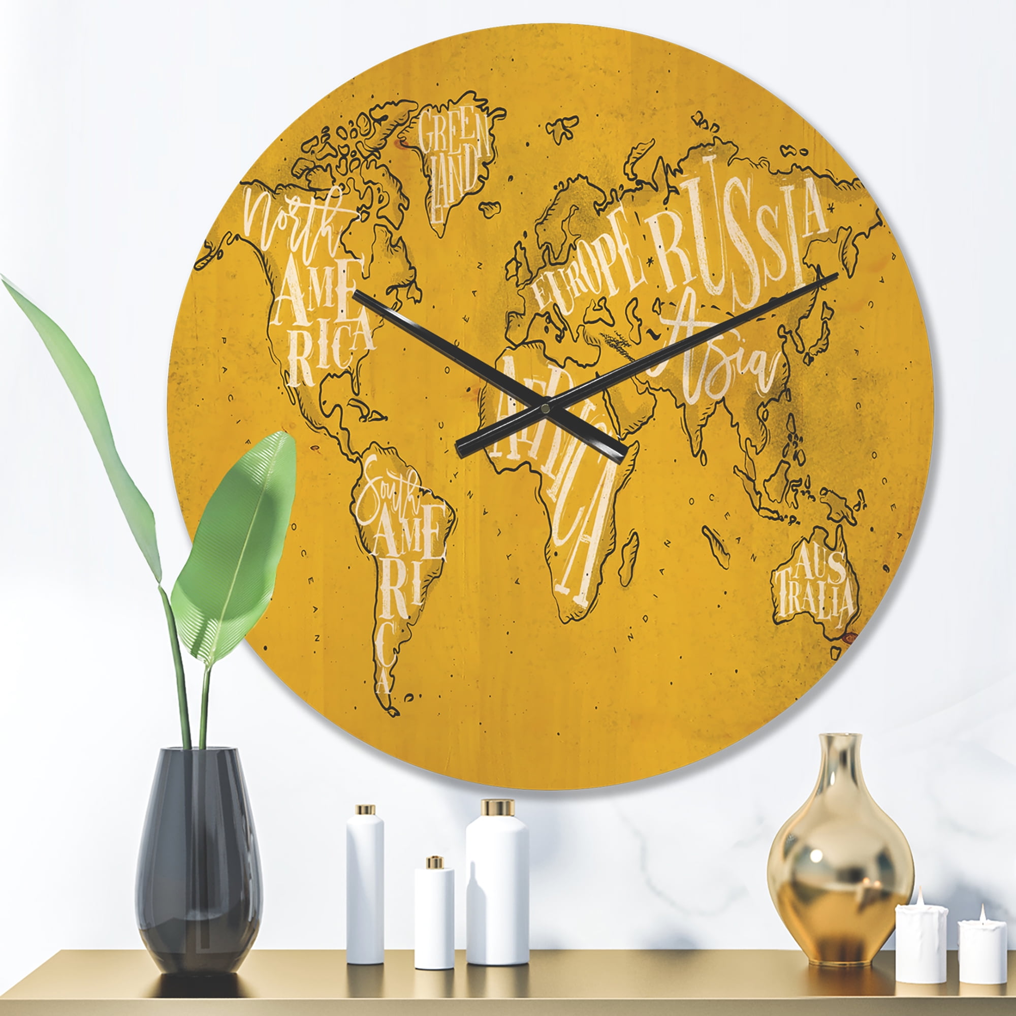 Designart 'Traditional Yellow Worldmap ' Modern Wood Wall Clock