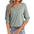 thumbnail image 1 of T-Shirts d'Été Décontractés Tendance pour Femmes - Manches 3/4, Texturé Uni, Design Col en V, 1 of 7