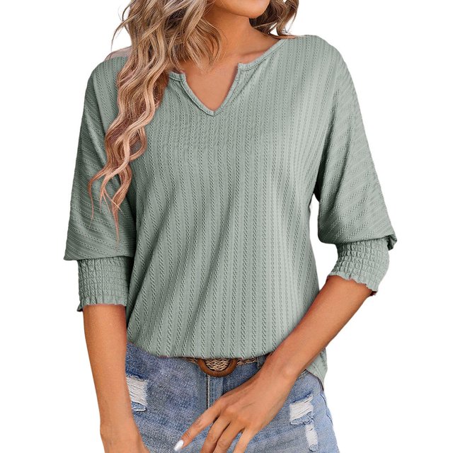 T-Shirts d'Été Décontractés Tendance pour Femmes - Manches 3/4, Texturé Uni, Design Col en V