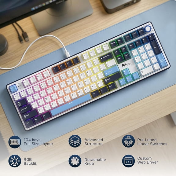 X104 Full Size Mechanical Keyboard, Wired Creamy Gaming Keyboard with Number Pad and Knob,104 Keys Computer Keyboard Linear Switch,RGB Backlit,Online Software for Wins/Mac