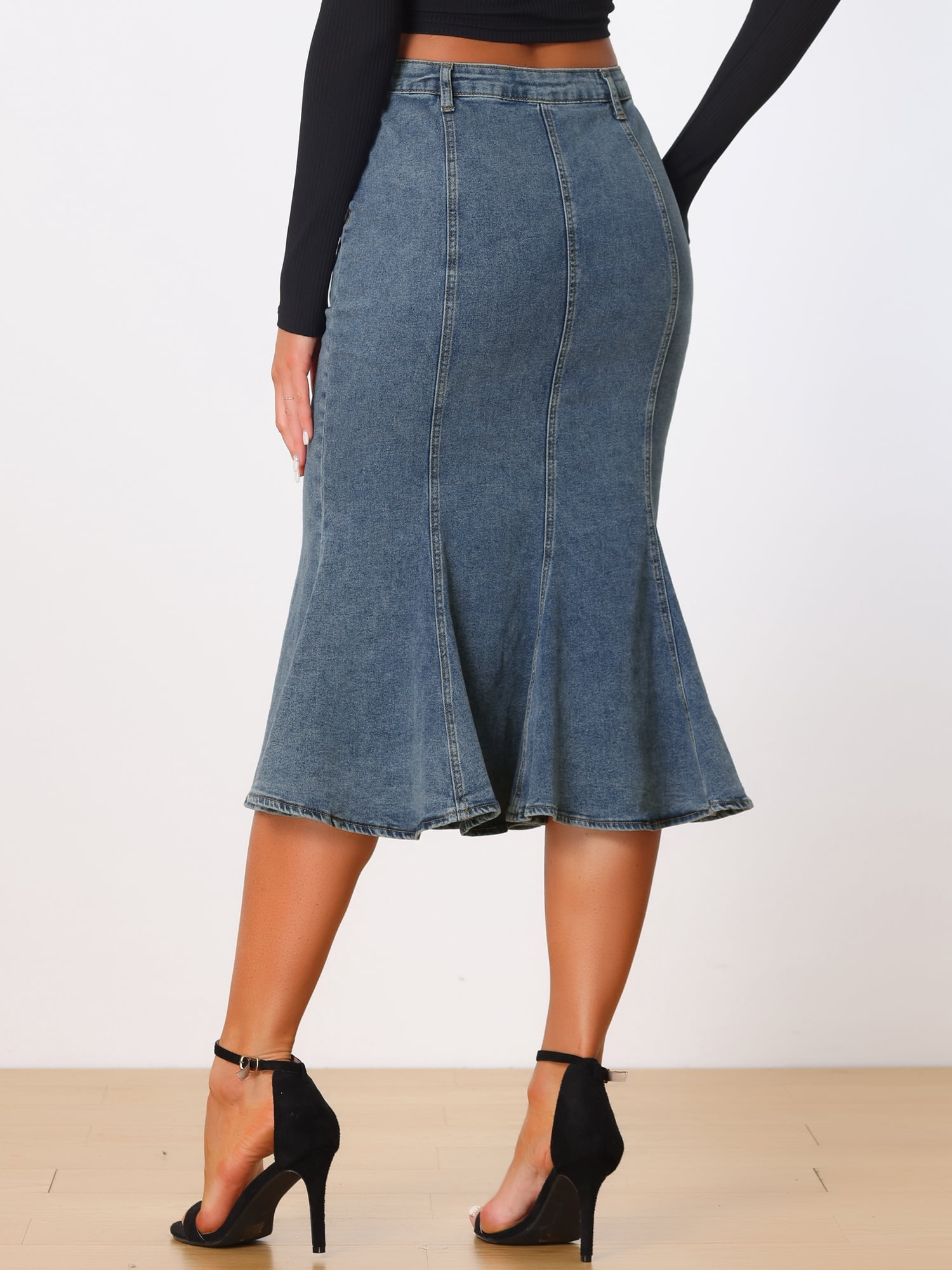 DARING DIVA Women's Soft Elegant Washed Fishtail Casual Midi Denim Skirt M Gray Blue
