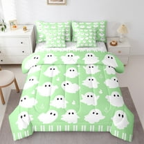Manfei Kawaii Ghost Child Bedding Comforter Set 7 Pieces, Green Cartoon Halloween Animal Full Bedding Set, Sugar Gothic Style Fitted Sheet Flat Sheet, Breathable Home Decor