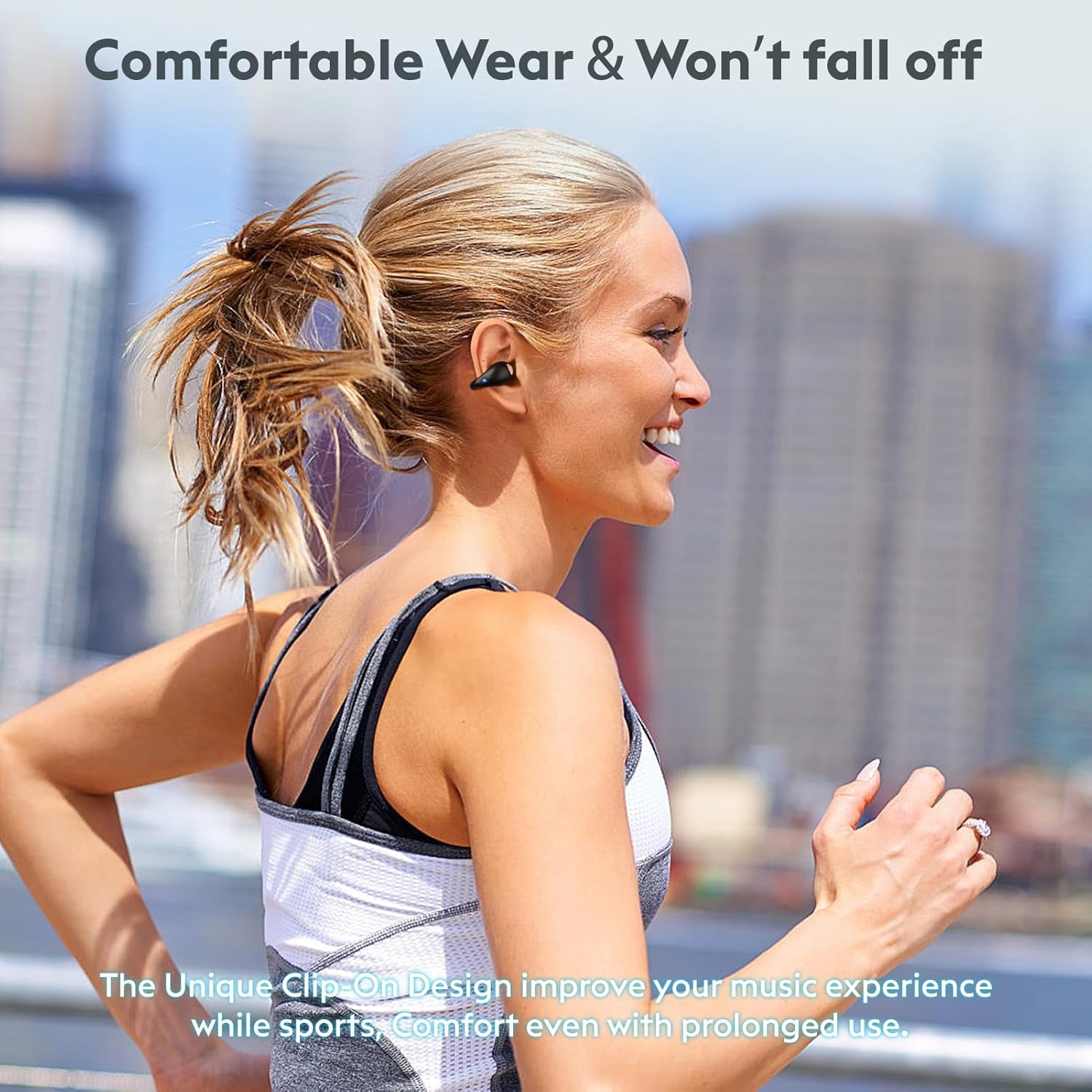 Open Ear Clip-On Earbuds, Wireless Bluetooth Headphones, Comfortable Wear Nice Secure Fit Earphones, Long Playtime, Digital Display Charging Case, Born for Sports (Black)