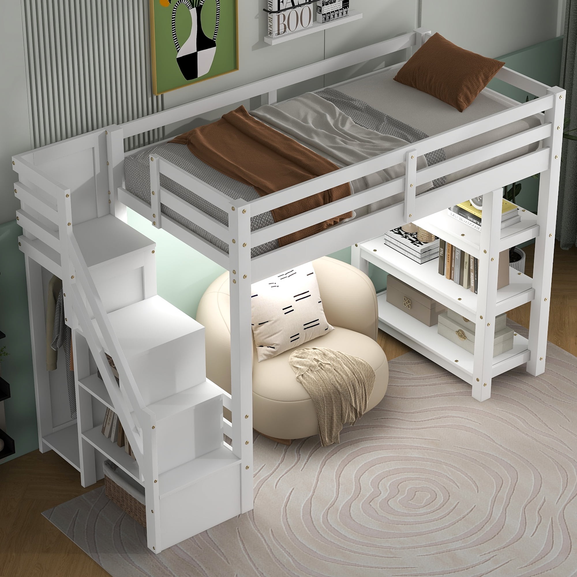 Euroco Wood Twin Size Loft Bed with Storage Staircase and Shelves, LED Light and Wardrobe for Kids, White