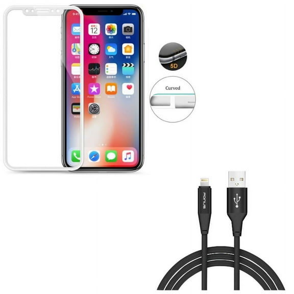 iPhone XS/X - Charger Cord 10ft USB Cable w Tempered Glass Screen Protector - Power Wire Braided Long Sync Fast Charge, 5D Touch Curved Edge Full Cover Bubble Free Case Friendly 9H Hardness
