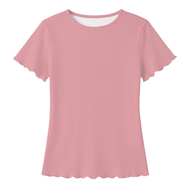 Girls Ribbed Knit Crew Neck Short Sleeve T Shirts Kids Casual Scallop Edge Solid Tees Tops