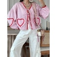 thumbnail image 6 of Yunliwuli Women's Plaid Print Shirt Long Sleeve V-Neck Bow Tie-Up Front Ric Rac Trim Loose Blouse, 6 of 9