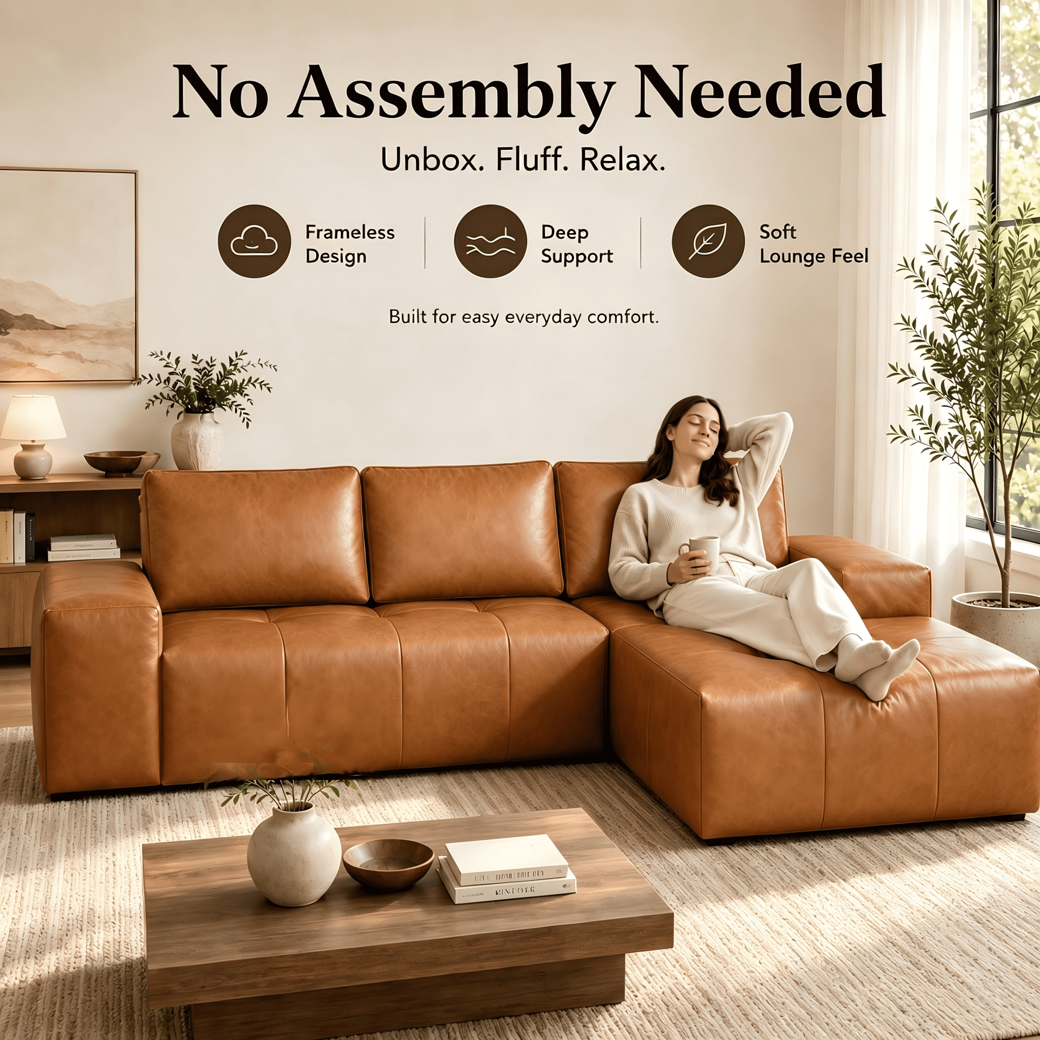 Aenkyo 114" Faux Leather L-Shaped Sectional Sofa with Left Hand Chaise, Boneless Modular Couch, Ginger