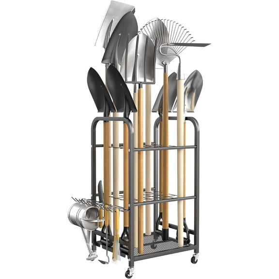 Garden Tool Organizer Stand with Wheels, Rakes Shovels Yard Tools Stand for Garage, Shed, Garden, Indoor/Outdoor Long-Handled Tools Cart