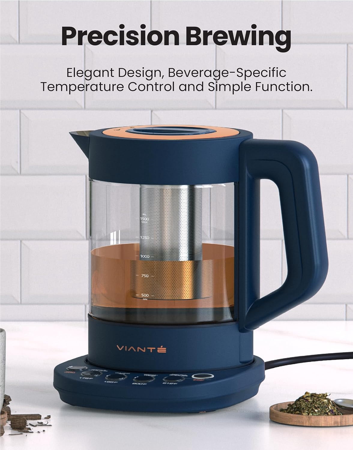 Electric Kettle With Infuser. No Plastic In Contact With Water. Hot Tea Maker With Temperature Control And Automatic Shut Off. 1.5 Liters Capacity | Midnight Blue Color