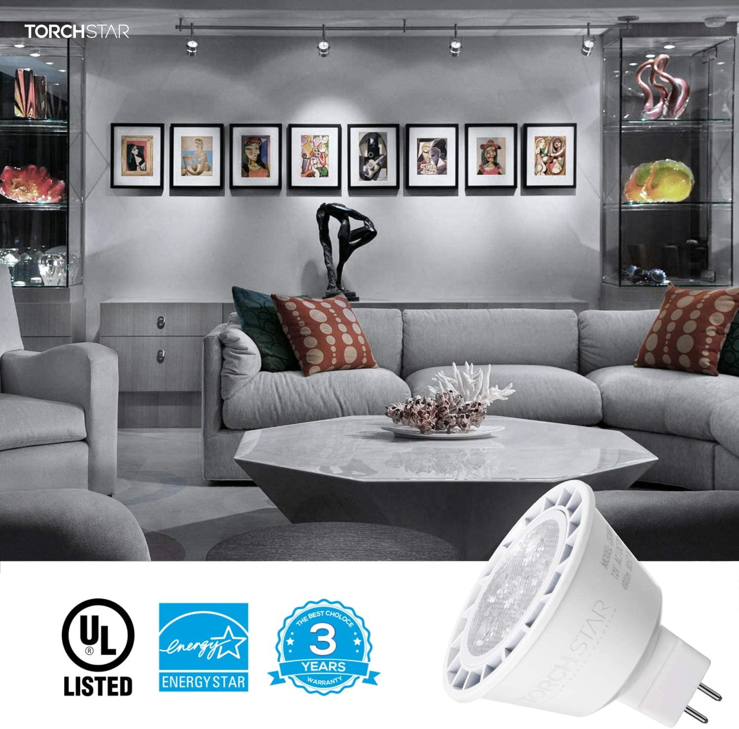 TORCHSTAR 12 Pack MR16 LED Bulb 50W Equivalent, 12V, 5000K Daylight, Dimmable, 490 Lumens, GU5.3 LED Spotlight Bulb 7W, UL & Energy Star Listed, for Recessed Lighting & Track Lighting