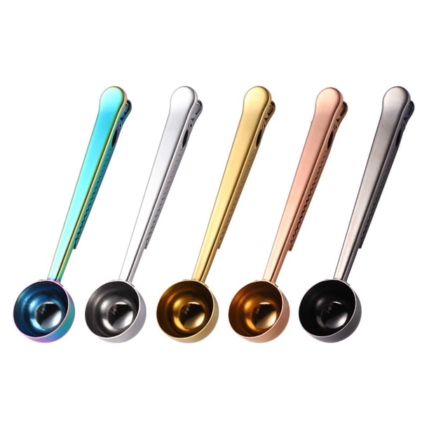 Juego de 5 clips para cuchara de café, cuchara medidora de café de acero inoxidable 2 en 1 con clips de sellado, clip para bolsa de cuchara de mango largo para café