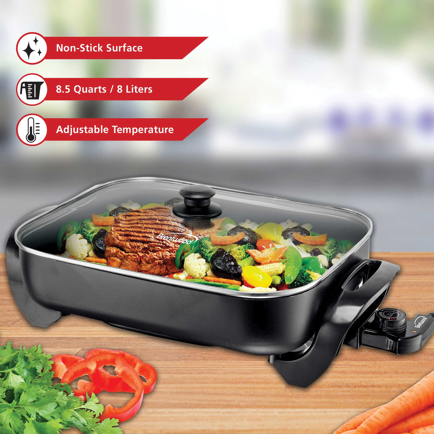 Brentwood 16-In. 1,400-Watt Nonstick Electric Skillet with Glass Lid