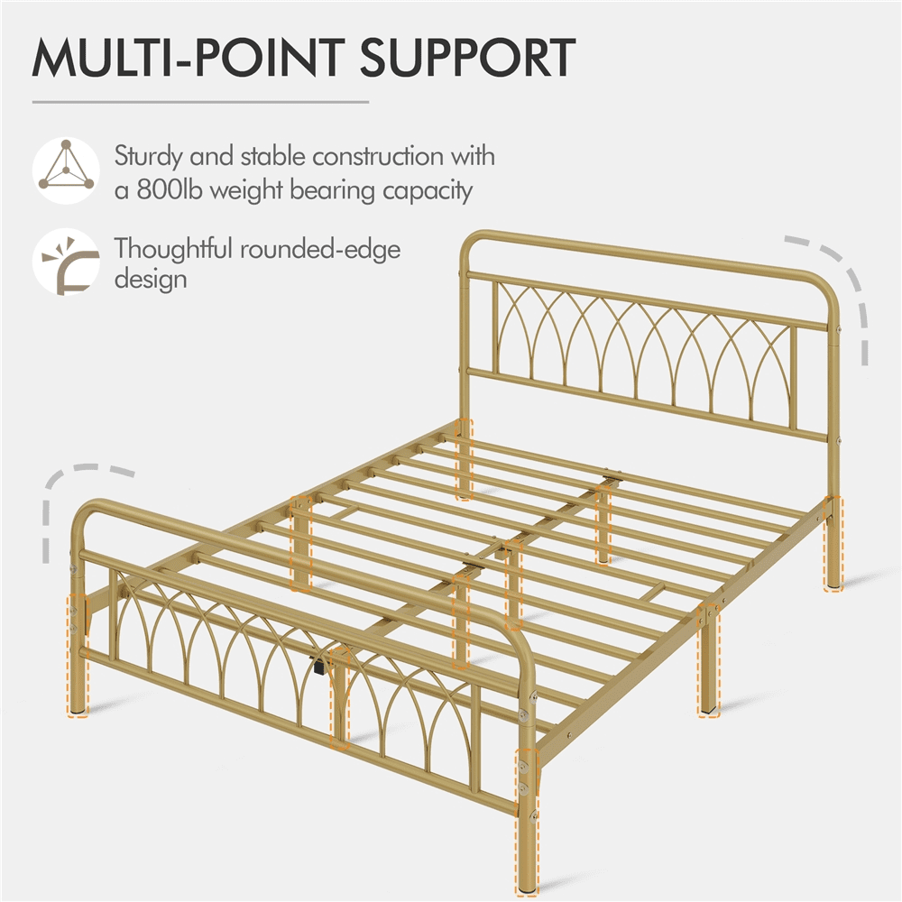 Alden Design Metal Platform Bed Frame with Headboard and Footboard, Queen, Antique Gold
