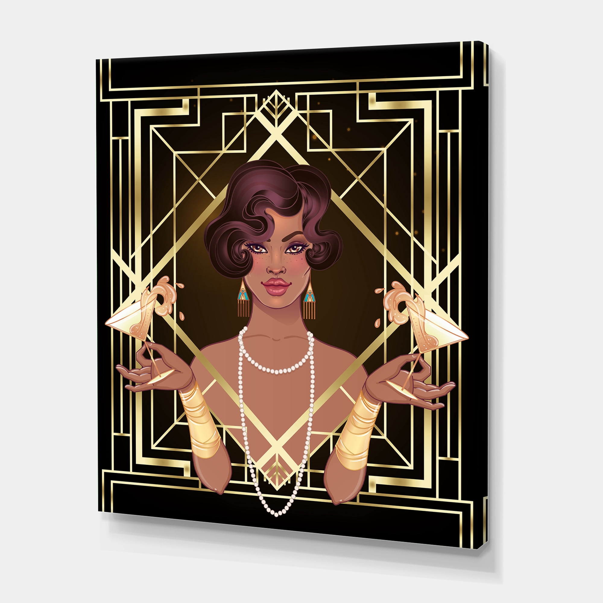 Designart ' Retro Girl In Golden Art Deco Geometrics I ' Modern Canvas Wall Art Print