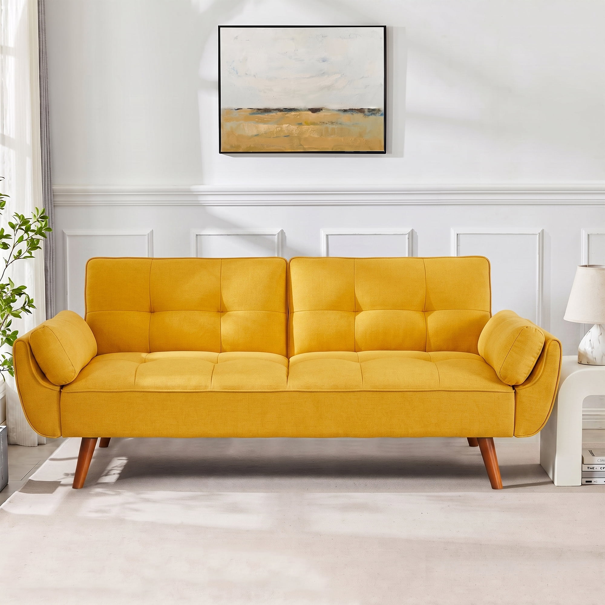Aukfa 75" Pillow Top Arm Futon Convertible Sofa Bed, Tufted Loveseat Sleeper Couch for Home Office, Linen, Yellow