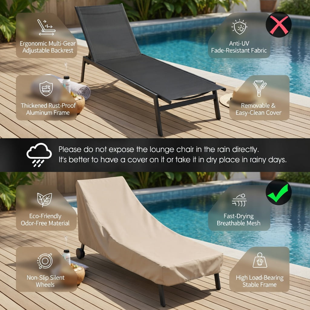Hommoo 6-Position Adjustable Outdoor Chaise Lounge Chair, Heavy-Duty Steel Frame, Rustproof & Quick-Dry Fabric, Poolside & Backyard Recliner, Black