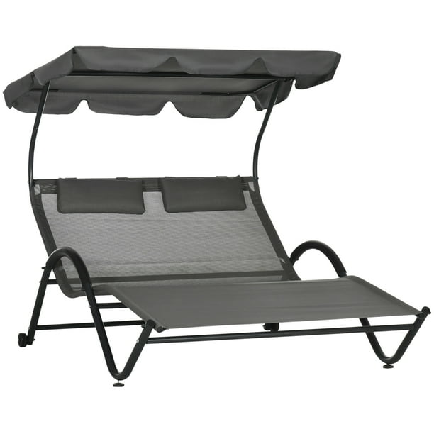 Outsunny Tanning Chair with Sunshade Roof Chaise Lounge Chair, Dark