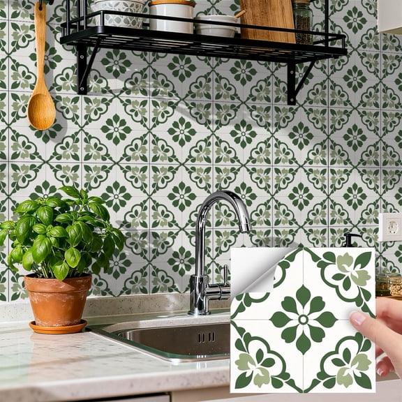 24Pcs Tile Sticker Waterproof Peel and Stick Backsplash 5.9" x 5.9" Green White Flowers Wall Stickers Self-Adhesive DIY Decor Decals