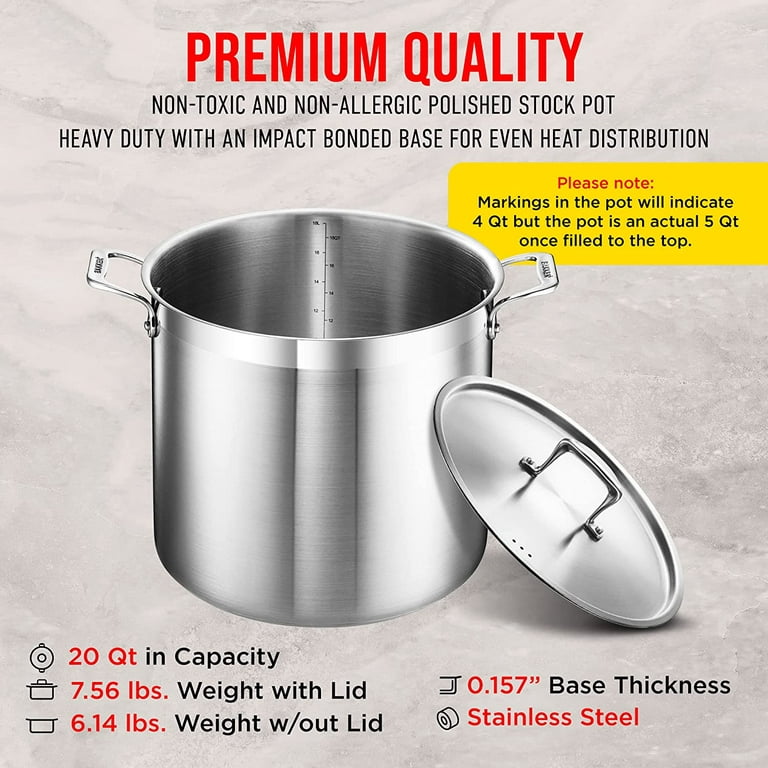 Millvado Stock Pot, Large Stainless Steel 20 Quart StockPot, Large Cooking  Pot, Clear Glass Lid and Measurement Markings, Steam Hole, Induction, Gas
