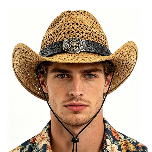 OOOUM Woven Cowboy Hat For Men Women Head Buckle Chin Strap Sun Hat Festival Outdoor Vacation Cowgirl Hat Khaki