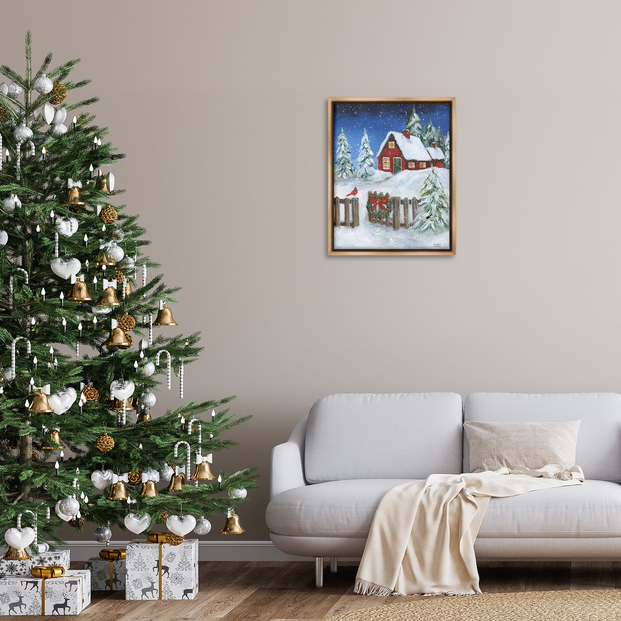 Stupell Industries Traditional Winter Scene Holiday Painting Brown Floater Framed Canvas Art Prints Wall Art, 25 x 31