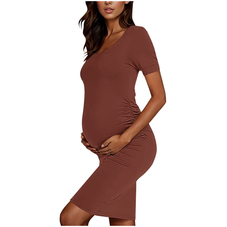 Womens Maternity Midi Dress Crew Neck Short Sleeve Pregnancy Dresses  Fashion Elegant Side Ruched Tunic Solid Color Dress