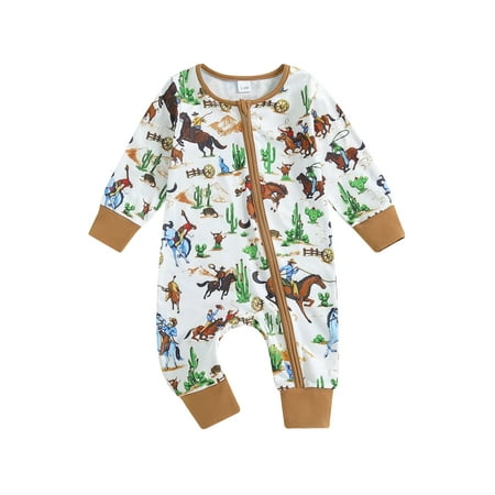 

Woshilaocai Baby Boys Jumpsuit Long Sleeve Horse Print Zipped Casual Romper
