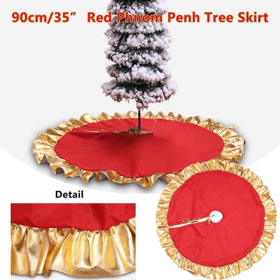 Yannianjz under $5 Christmas Tree Skirt, 35 Inch Red and Gold Christmas Tree Skirt, Festive Holiday Tree Round Mat with Golden Ruffled Edge, Xmas Decoration for Living Room Home Party