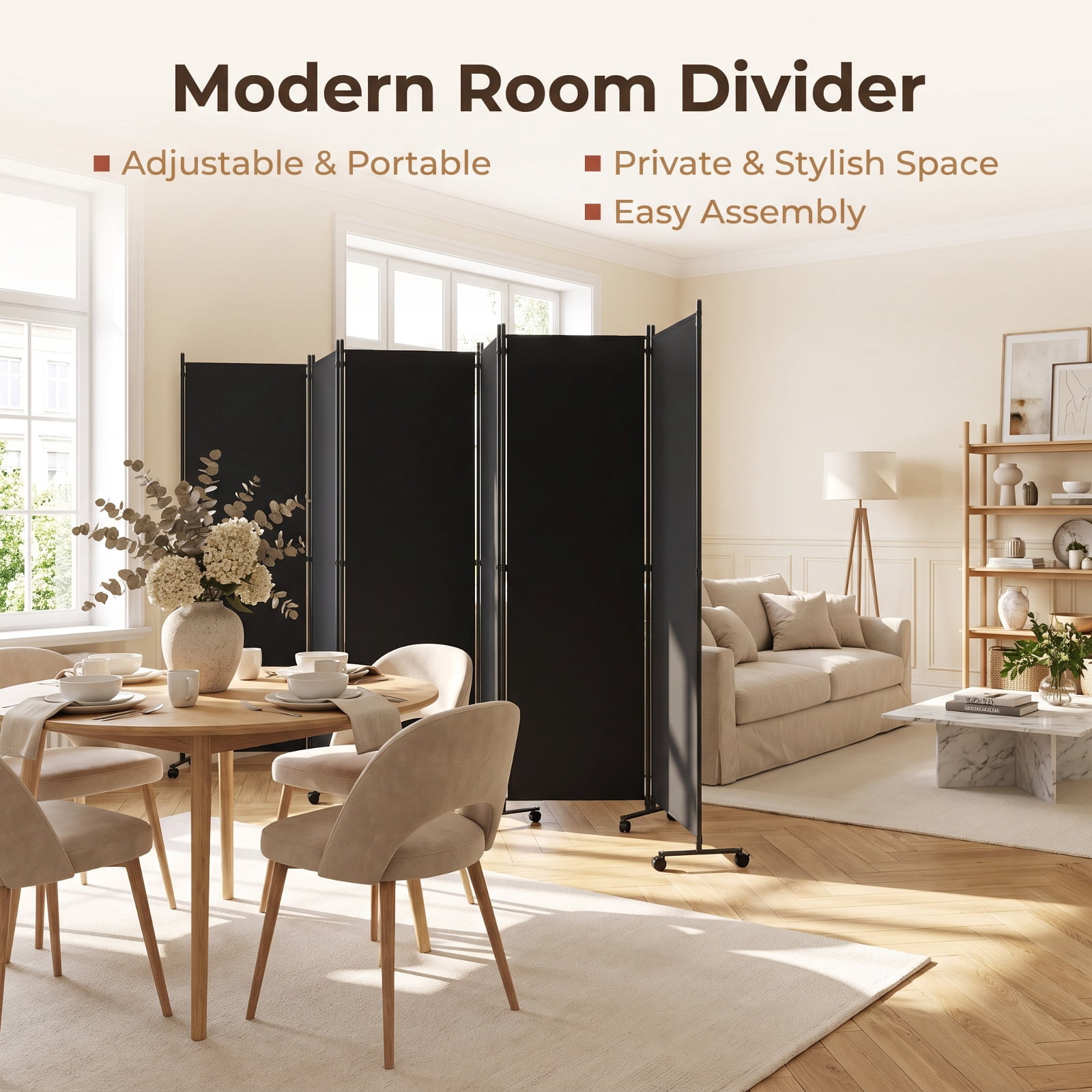 Vebreda 6-Panel Rolling Room Divider Folding Privacy Screen with Lockable Wheels, Freestanding Fabric Partition for Bedroom Office Studio, Black