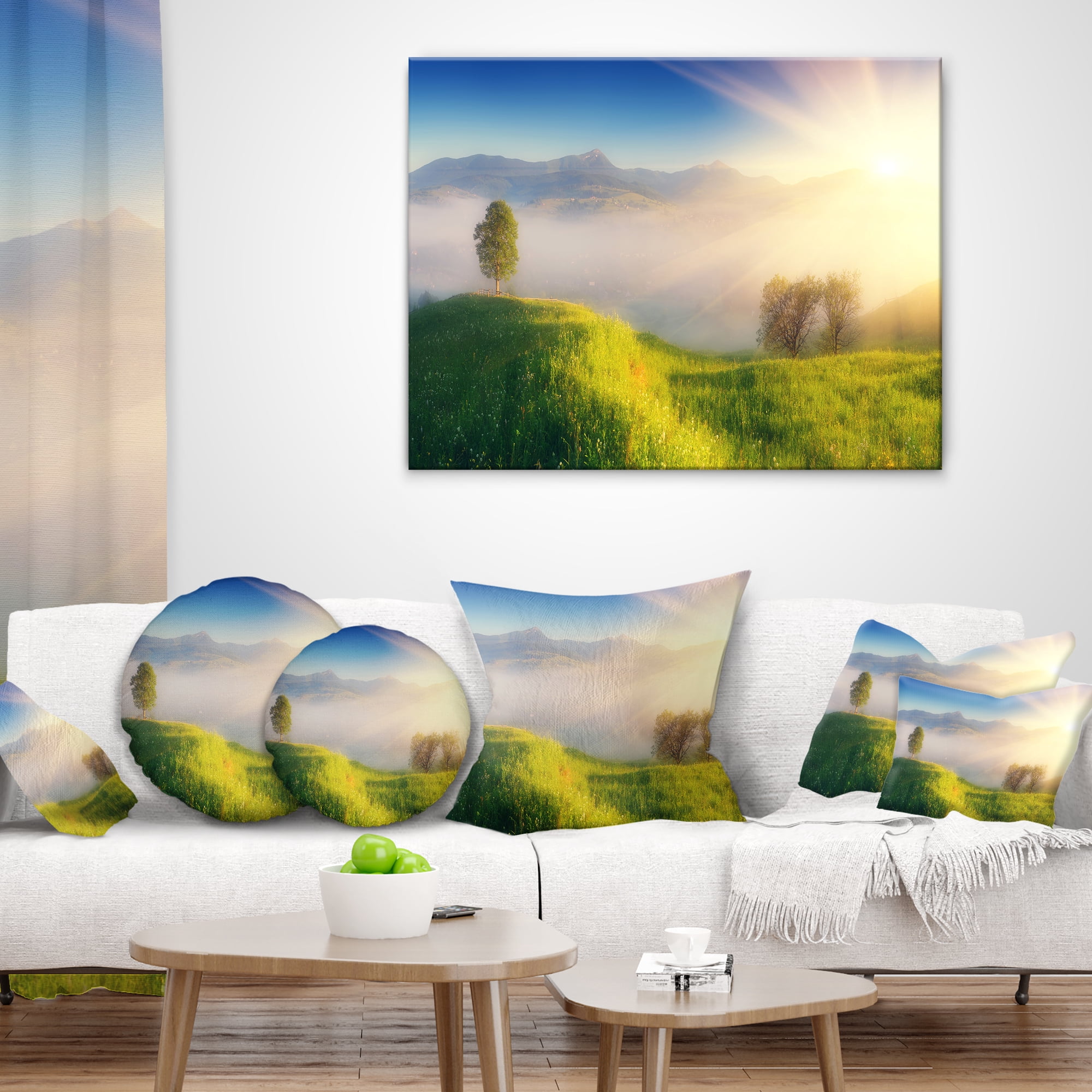 Designart Morning Mist over Mountain Village - Landscape Printed Throw Pillow - 16x16