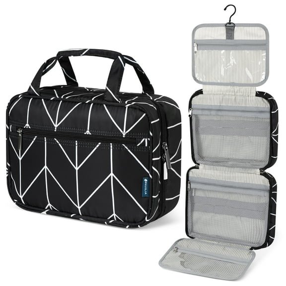 PAVILIA Hanging Toiletry Bag Travel Bag Women Men, Foldable Cosmetic Organizer, Roll up Makeup Bag, Water Resistant Accessories Toiletries, Large Travel Essentials Kit (Black Chevron)