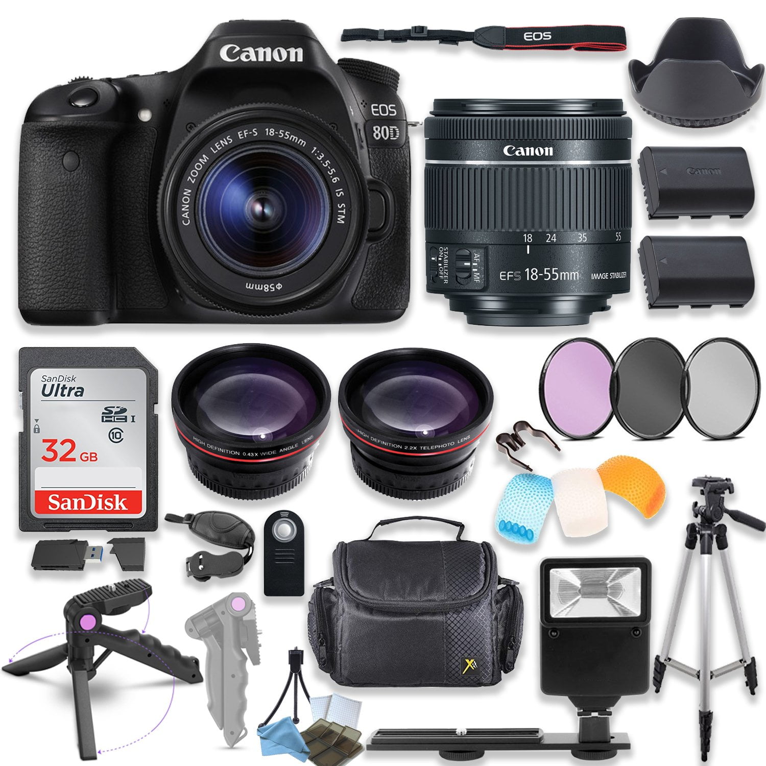 Canon EOS 80D DSLR Camera with Canon 1855mm STM Lens Kit + 0.43x Wide