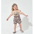 thumbnail image 2 of Kucnuzki Infant Baby Girls Summer Outfits 18-24 Months Clothes Sets Ruffle Short Sleeves Top Letter Print T-shirt Bowknot Leopard Shorts Sets with Headband 3pcs Apricot, 2 of 8