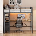 thumbnail image 5 of Uiowio Full Metal Loft Bed Frame with L-Shaped Desk & LED Lights & Charging Station, Loft Bed with 3 Fabric Drawers & 2 Storage Shelves, Safety Guard & Stairs, Black, 5 of 9
