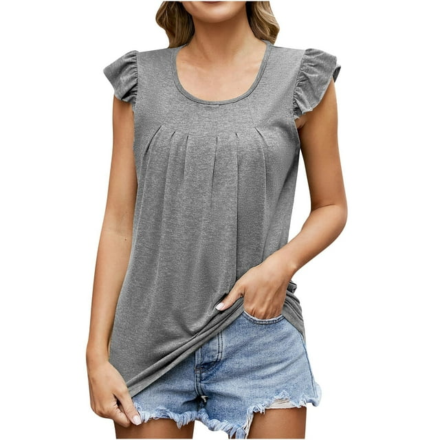 Timegard Camisoles pour Femmes Col Rond à Volants Manches Courtes Plissées Confortables Chic Décontracté Tuniques Hauts Blouse