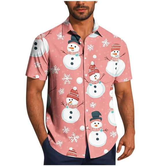 KeShDi Flannel Shirt for Men Christmas Men Casual Fashion Turndown Collar Printing Short Sleeve Button Shirt Blouse Pink 2X