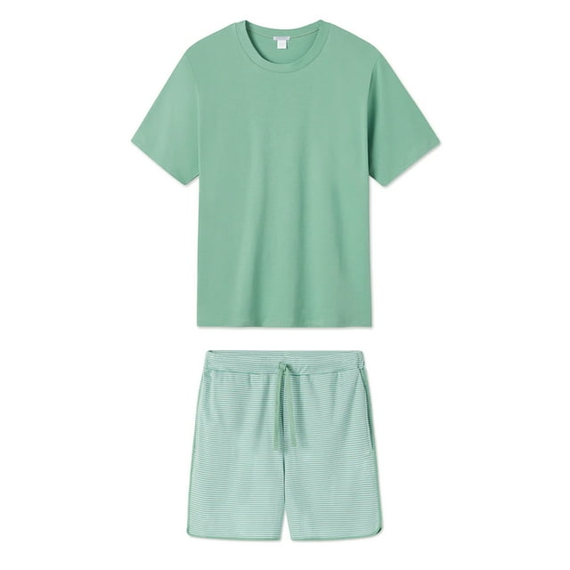 TheFound Men's Casual Outfit, Fitted Round Neck Short Sleeve T-Shirt Striped Drawstring Shorts 2 Piece Set for Summer