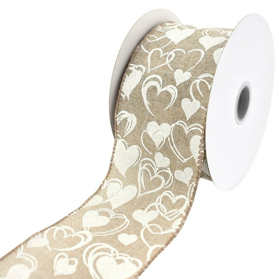 Homeford Valentine's Glittered Hearts Faux Linen Wired Ribbon, 2-1/2-inch, 10-yard, Natural