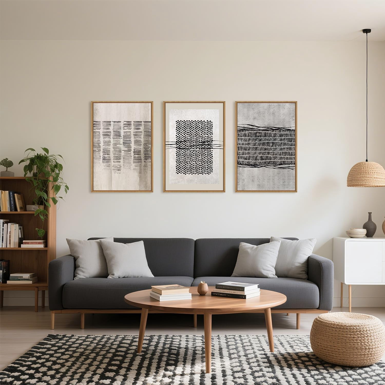 Large Abstract Black and Beige Framed Canvas Wall Art,Minimalist Geometric Lines Wall Decor,Cozy Neutral Shapes artwork,Modern Lines Dots Art Print for Living Room,Bedroom,Office-16 x24 x3
