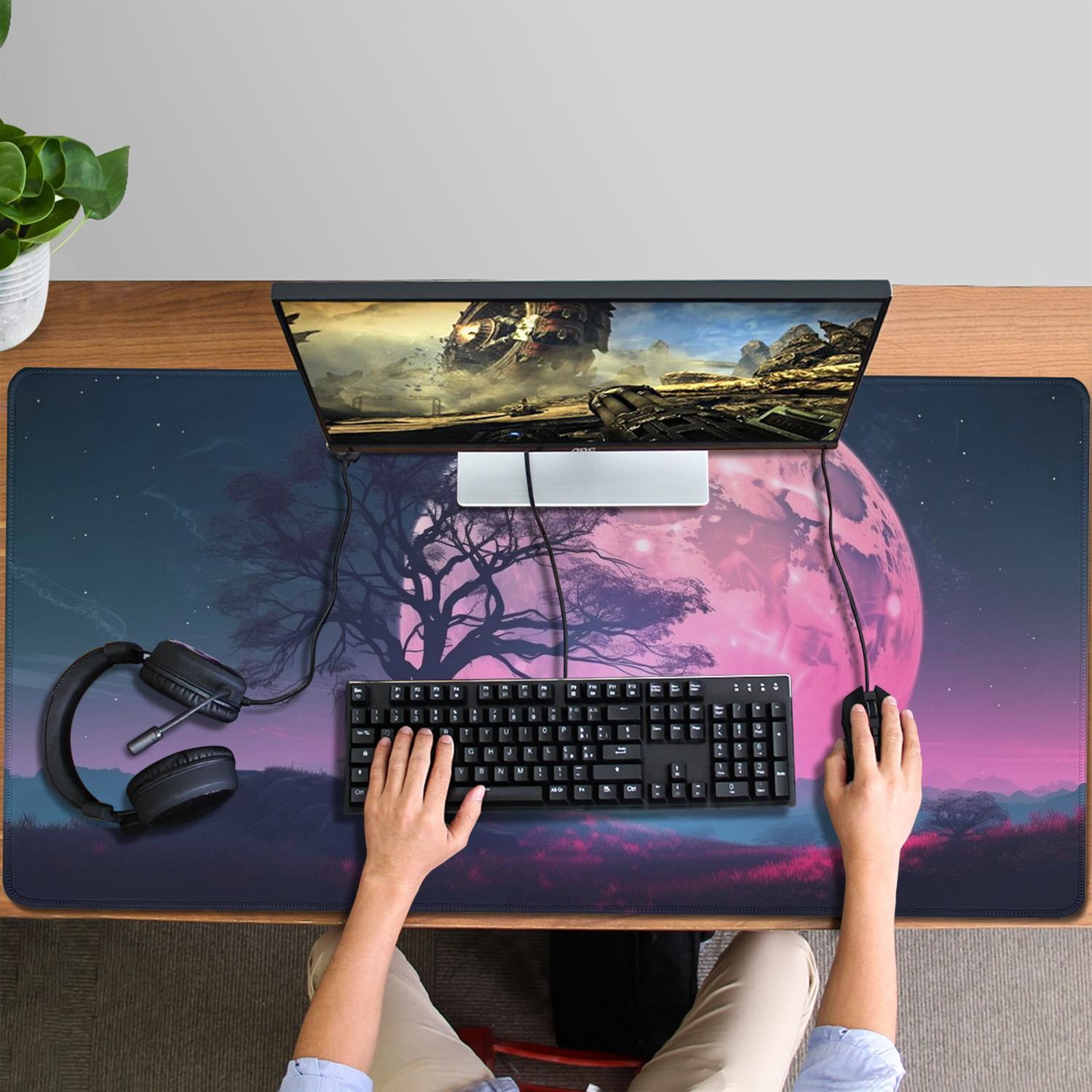Beautiful Night Sky Moon and Tree Gaming Mouse Mat, Rectangle 3XL Extra Large Mouse Pad 47.3 X 23.6 InchesNon-Slip Rubber Gaming Mouse Pad with Stitched Edges, Office Mouse Pad for Women Men Kids