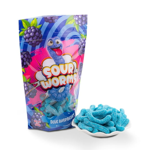 FirstChoiceCandy Sweet & Sour Gummy Worms, Multi Flavors and Solid Colors, Sour Blue Raspberry (1 LB)