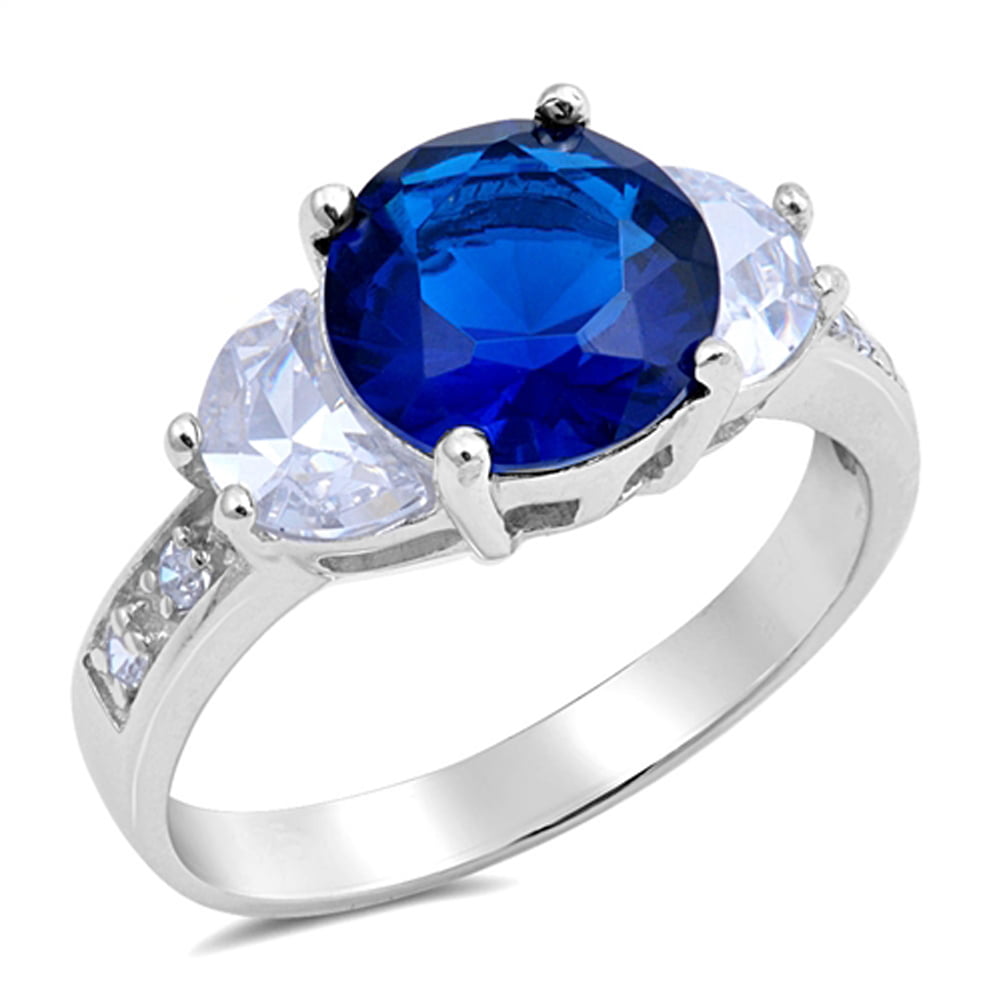 Round Blue Sapphire & Cz .925 Sterling Silver Ring Sizes 5-10