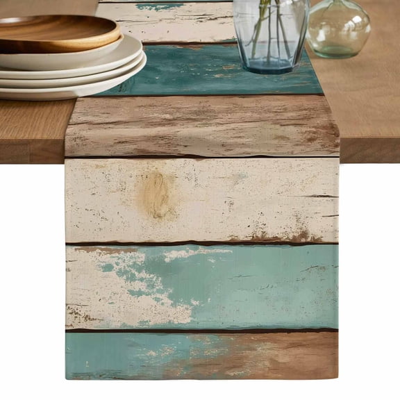 Farmhouse Teal Brown Table Runner, Retro Ombre Wooden Washable Cotton Linen Table Runners 120 Inches Long, Dresser Scarf Runner for Dining/Living Room/Kitchen/Square Tables 13''x120''