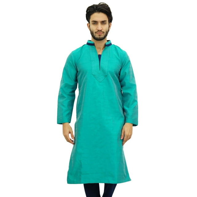 Atasi Ensemble Kurta Pyjama Vert de Fête pour Homme, Chemise Dupion Longue - Grand